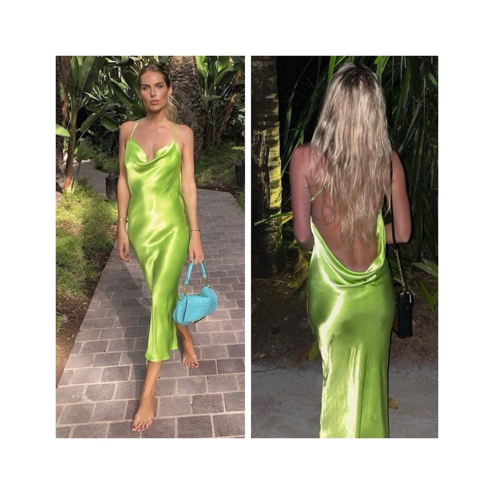 NEW Rat & Boa Lima Slip Dress (Sz M) Cowl Neck Draped Low Back Satin Midi Lime